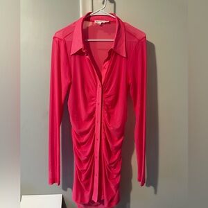 Good American Knockout Pink Sheer Ruched Long Sleeve Mini Dress Size 2